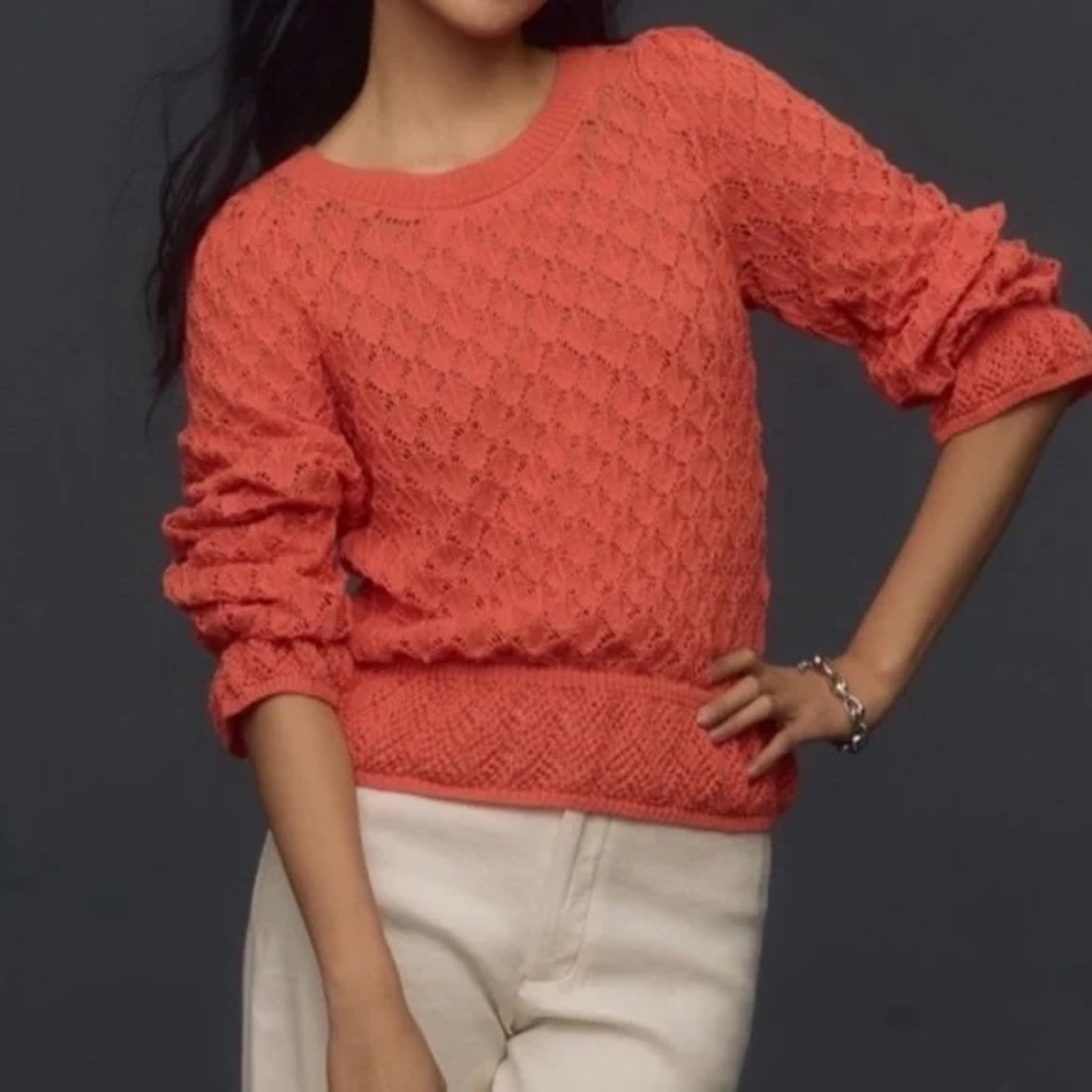 Anthropologie Coral Orange Open-Knit Crewneck Sweater
